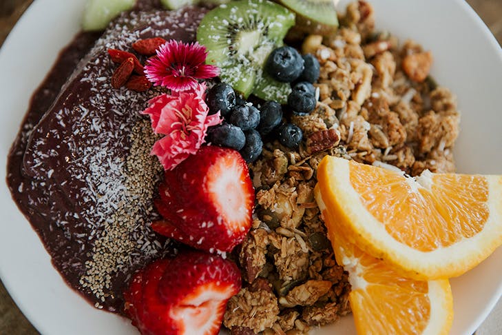 A close-up of an acai bowl from Greenhouse Cafe on the Sunshine Coast.